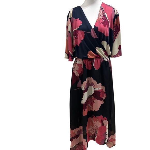 Lane Bryant Floral Faux Wrap Midi Dress Size 14 Navy Pink Asymmetrical Hem - Picture 8 of 8